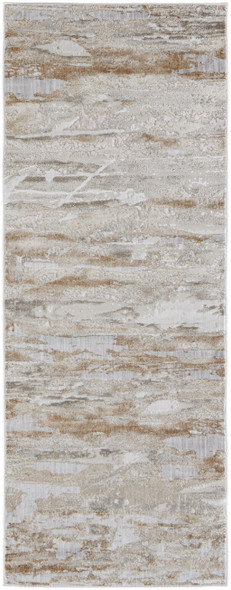 12' Tan And Ivory Abstract Power Loom Distressed Runner Rug