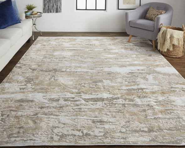 2' X 3' Tan And Ivory Abstract Power Loom Distressed Area Rug