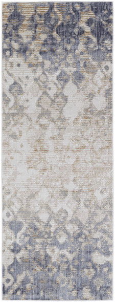 8' Tan Ivory And Blue Abstract Power Loom Distressed Runner Rug