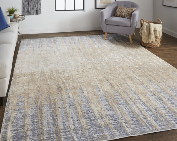 5' X 8' Tan Brown And Blue Abstract Power Loom Distressed Area Rug