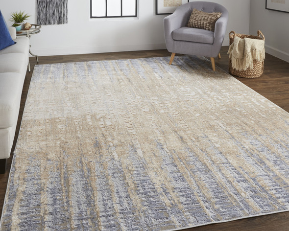 2' X 3' Tan Brown And Blue Abstract Power Loom Distressed Area Rug