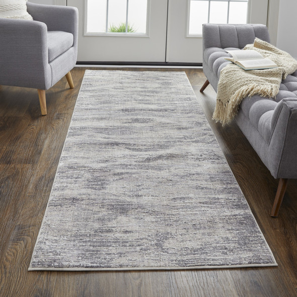 8' Tan Taupe And Gray Abstract Power Loom Distressed Stain Resistant Runner Rug
