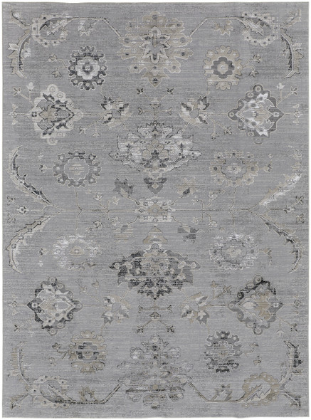 8' X 11' Silver And Black Floral Power Loom Distressed Area Rug