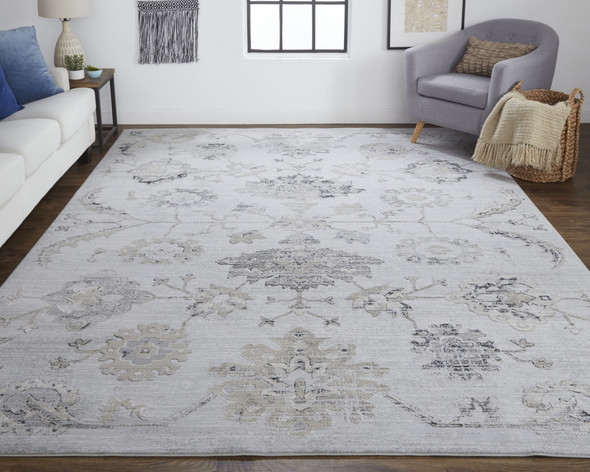 10' X 13' Silver And Black Floral Power Loom Distressed Area Rug