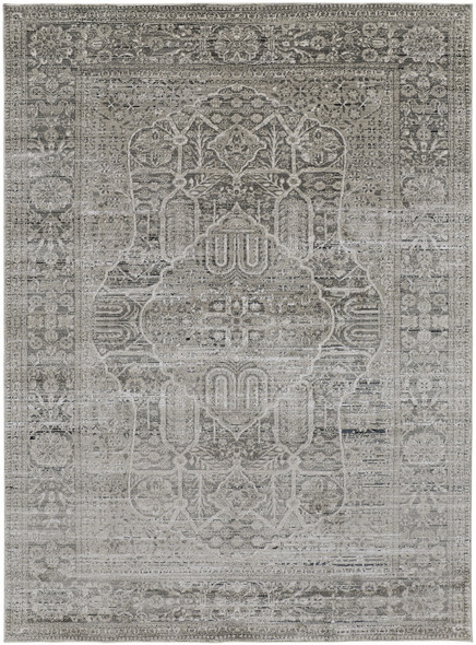 8' X 11' Gray Silver And Taupe Floral Power Loom Distressed Area Rug