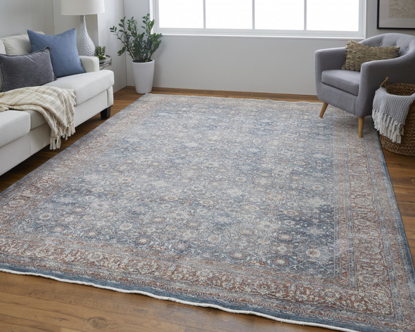 8' X 10' Blue And Red Floral Power Loom Stain Resistant Area Rug
