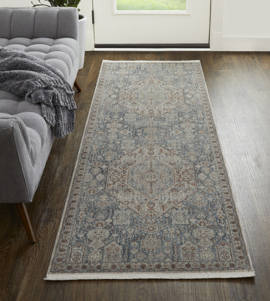 8' Blue And Ivory Floral Power Loom Stain Resistant Runner Rug