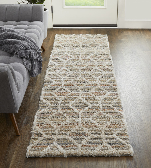 8' Tan Taupe And Ivory Geometric Power Loom Stain Resistant Runner Rug