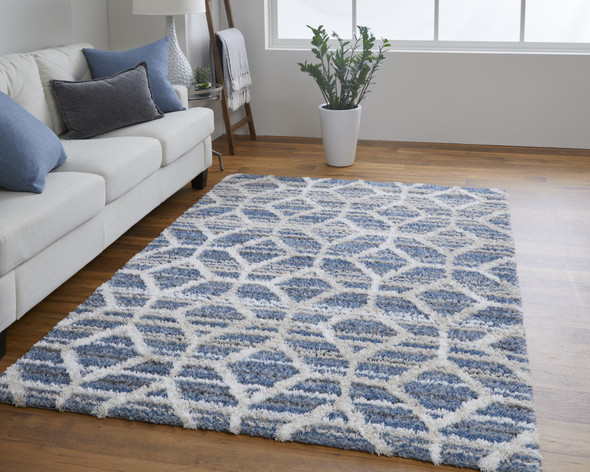 9' X 12' Blue And Ivory Geometric Power Loom Stain Resistant Area Rug