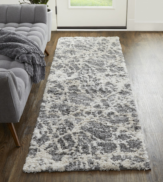 8' Gray And Ivory Abstract Power Loom Stain Resistant Runner Rug