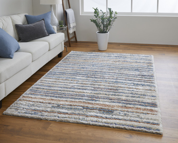 4' X 6' Ivory Blue And Orange Striped Power Loom Stain Resistant Area Rug