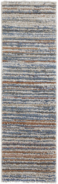 8' Ivory Blue And Orange Striped Power Loom Stain Resistant Runner Rug