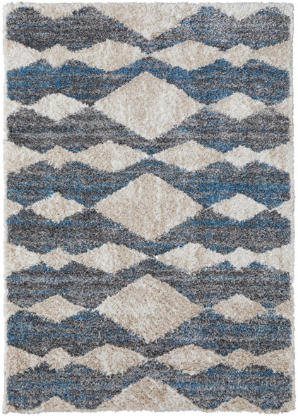 9' X 12' Ivory Gray And Blue Chevron Power Loom Stain Resistant Area Rug