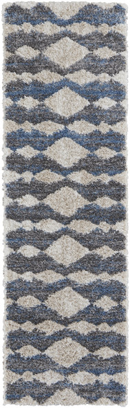 8' Ivory Gray And Blue Chevron Power Loom Stain Resistant Runner Rug