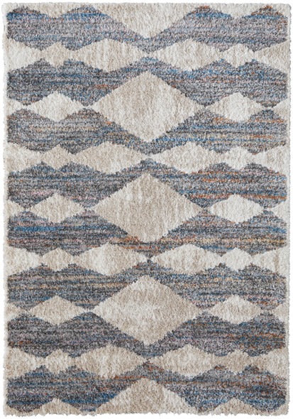 9' X 12' Tan Ivory And Blue Chevron Power Loom Stain Resistant Area Rug