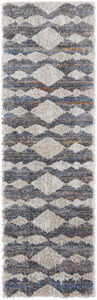 8' Tan Ivory And Blue Chevron Power Loom Stain Resistant Runner Rug