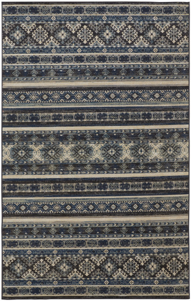 7' X 10' Blue Tan And Black Geometric Power Loom Distressed Stain Resistant Area Rug