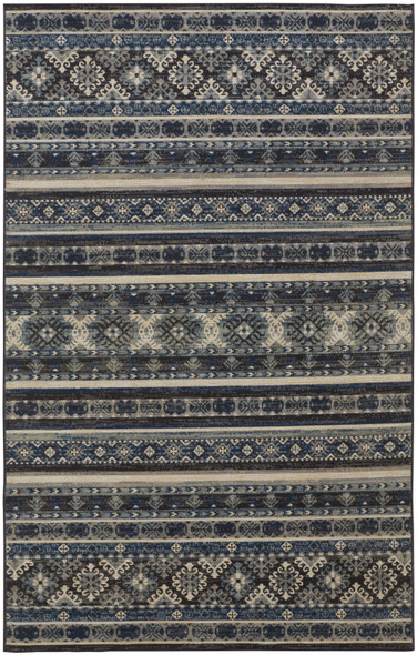 10' X 13' Blue Tan And Black Geometric Power Loom Distressed Stain Resistant Area Rug