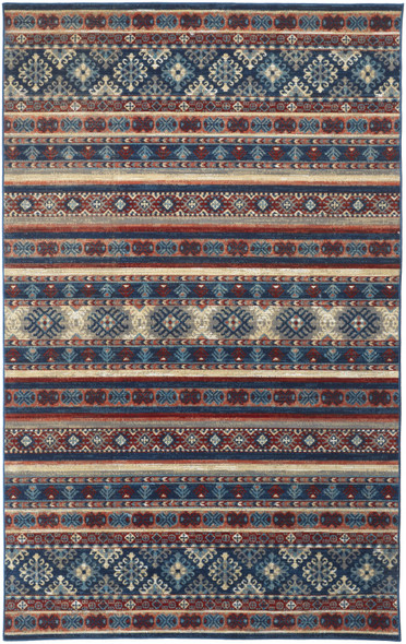 8' X 11' Blue Red And Ivory Geometric Power Loom Distressed Stain Resistant Area Rug