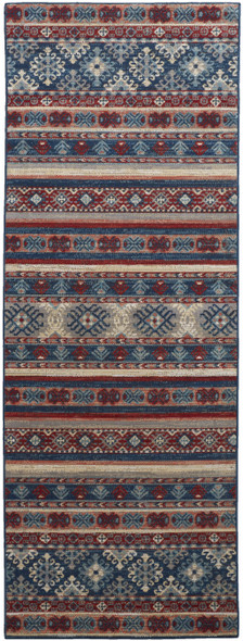 8' Blue Red And Ivory Geometric Power Loom Distressed Stain Resistant Runner Rug