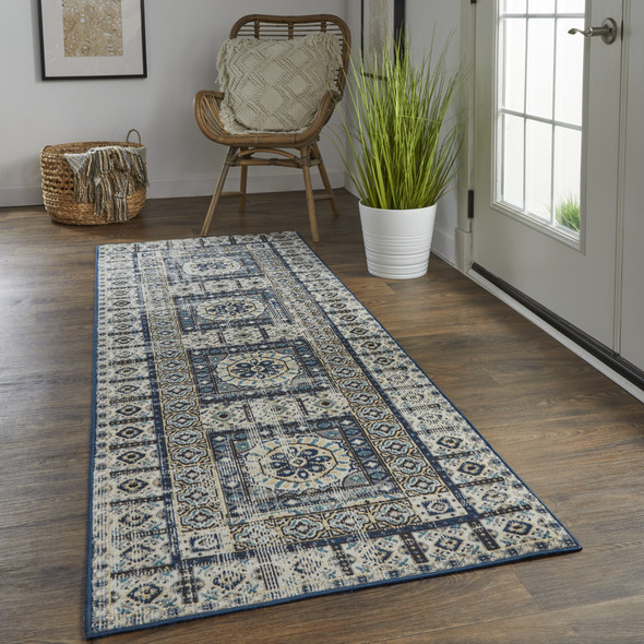8' Ivory Tan And Blue Abstract Power Loom Distressed Stain Resistant Runner Rug