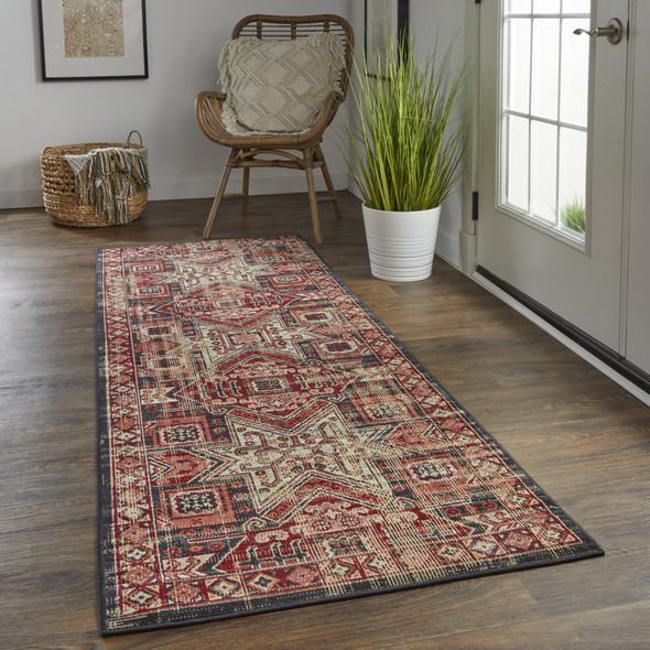 8' Red Tan And Black Abstract Power Loom Distressed Stain Resistant Runner Rug