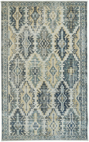 8' X 11' Green Blue And Ivory Abstract Power Loom Distressed Stain Resistant Area Rug