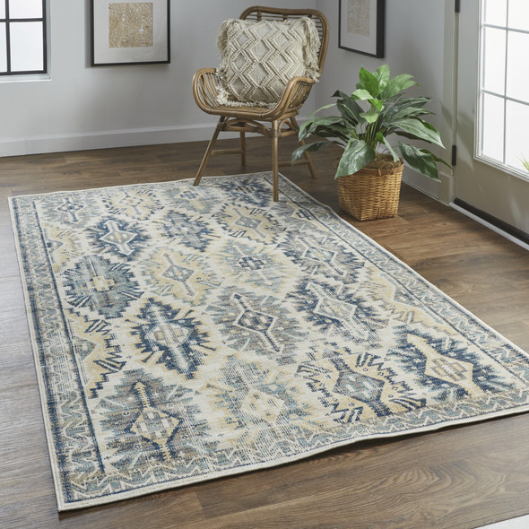 8' X 11' Green Blue And Ivory Abstract Power Loom Distressed Stain Resistant Area Rug