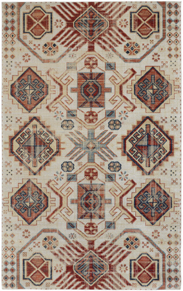 7' X 10' Ivory Red And Tan Abstract Power Loom Distressed Stain Resistant Area Rug