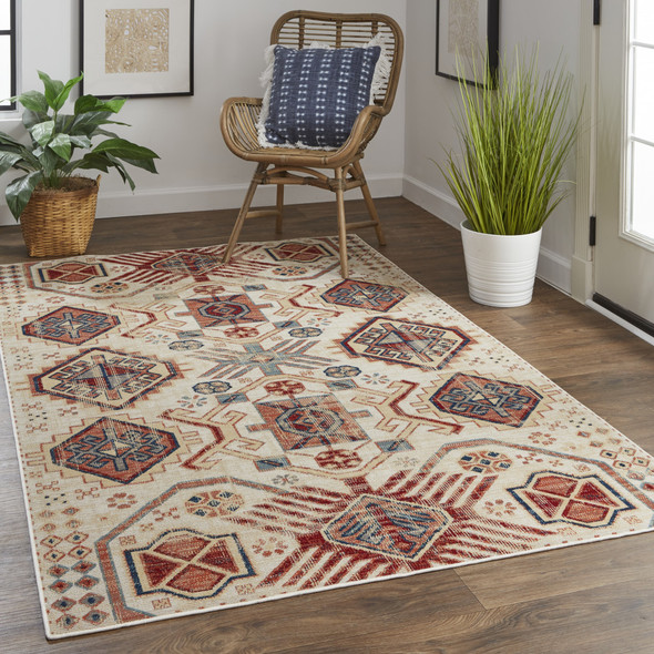 7' X 10' Ivory Red And Tan Abstract Power Loom Distressed Stain Resistant Area Rug