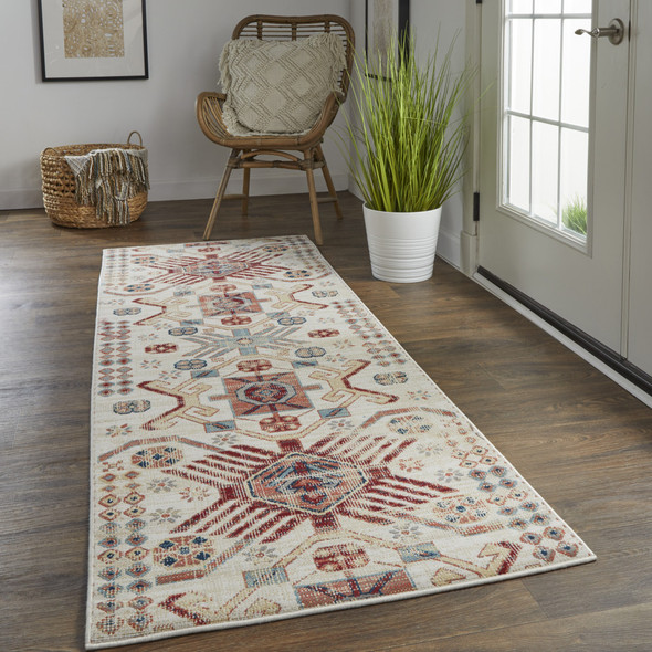 8' Ivory Red And Tan Abstract Power Loom Distressed Stain Resistant Runner Rug