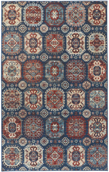 7' X 10' Blue Red And Tan Abstract Power Loom Distressed Stain Resistant Area Rug