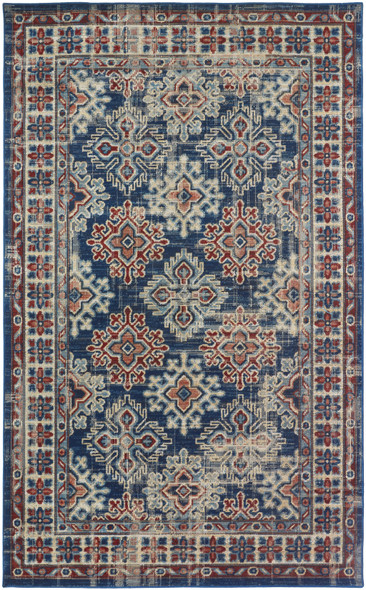 10' X 13' Blue Red And Ivory Abstract Power Loom Distressed Stain Resistant Area Rug