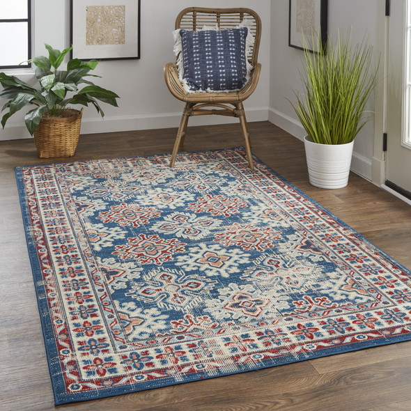 10' X 13' Blue Red And Ivory Abstract Power Loom Distressed Stain Resistant Area Rug