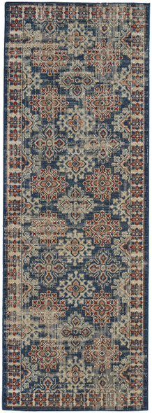 8' Blue Red And Ivory Abstract Power Loom Distressed Stain Resistant Runner Rug