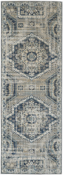 8' Blue And Ivory Abstract Power Loom Distressed Stain Resistant Runner Rug