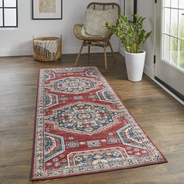 8' Red Gray And Tan Abstract Power Loom Distressed Stain Resistant Runner Rug