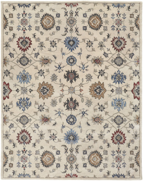 4' X 6' Ivory Blue And Tan Wool Floral Tufted Handmade Stain Resistant Area Rug