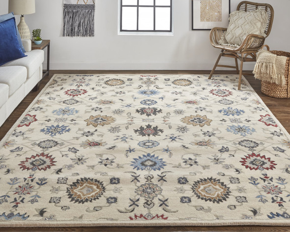 4' X 6' Ivory Blue And Tan Wool Floral Tufted Handmade Stain Resistant Area Rug