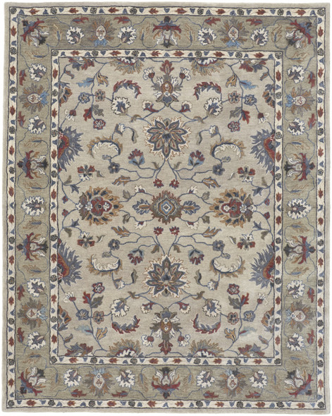 5' X 8' Ivory Taupe And Blue Wool Floral Tufted Handmade Stain Resistant Area Rug