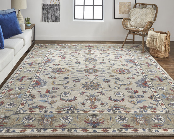 2' X 3' Ivory Taupe And Blue Wool Floral Tufted Handmade Stain Resistant Area Rug
