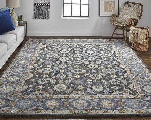 5' X 8' Taupe Blue And Ivory Wool Floral Tufted Handmade Stain Resistant Area Rug