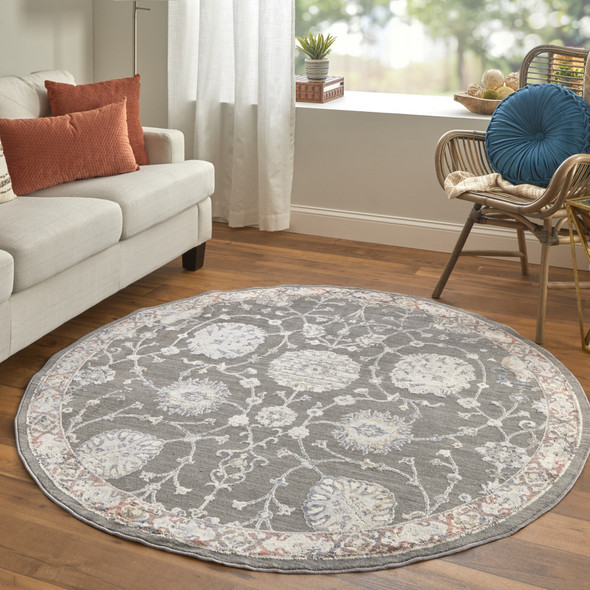 6' Gray Ivory And Red Round Floral Power Loom Area Rug