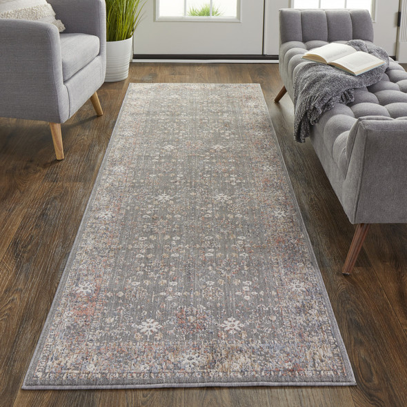 8' Gray Pink And Red Floral Power Loom Runner Rug