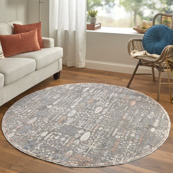 6' Gray Ivory And Orange Round Floral Power Loom Area Rug