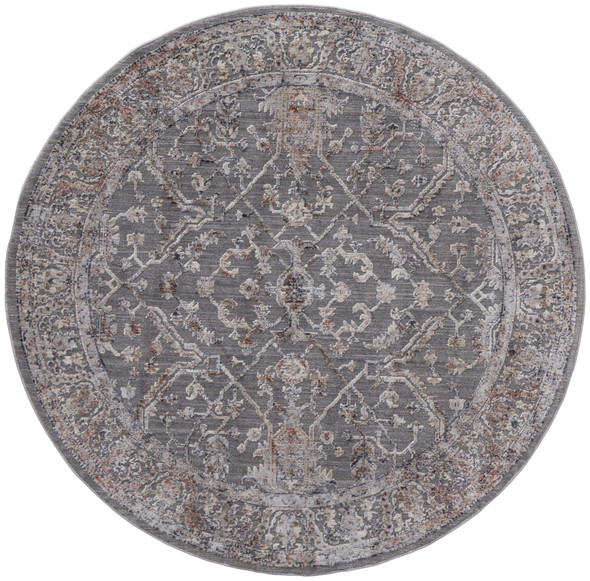 6' Gray Taupe And Pink Round Floral Power Loom Area Rug