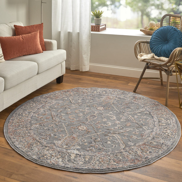 6' Gray Taupe And Pink Round Floral Power Loom Area Rug