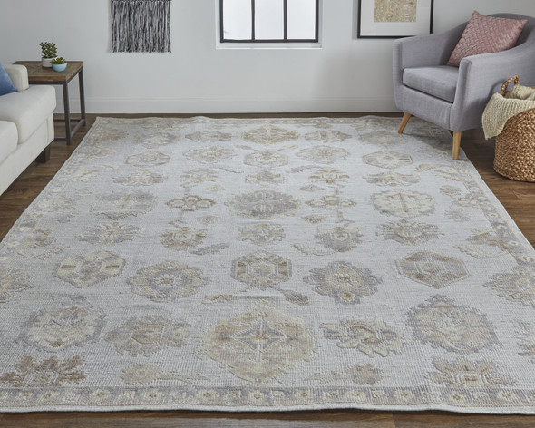 9' X 12' Ivory Silver And Tan Floral Hand Knotted Stain Resistant Area Rug