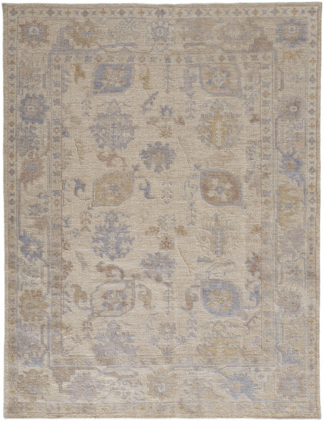 10' X 14' Tan Orange And Blue Floral Hand Knotted Stain Resistant Area Rug
