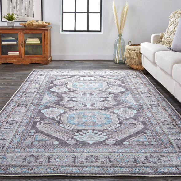 9' X 12' Gray Taupe And Blue Floral Area Rug